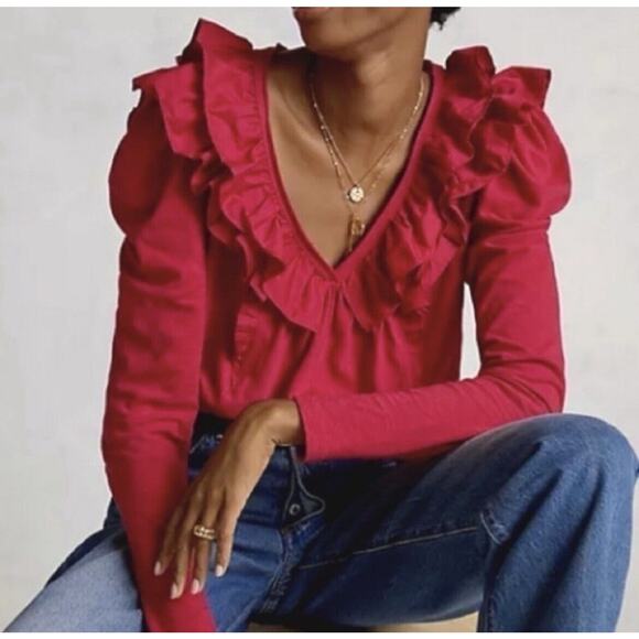 Anthropologie Tops - Anthropologie Ruffle V-Neck Long Sleeve Top Womens XS Pink Fuchsia Edwardian